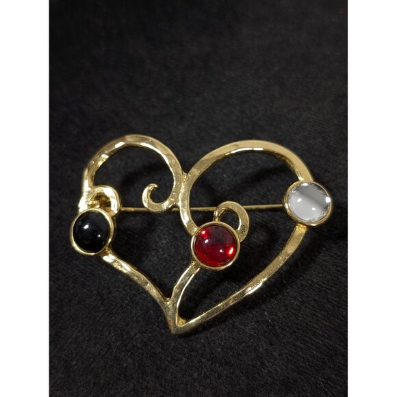 Vintage Gold Tone Heart Brooch Red Black Clear Cabochon Statement Bold - Picture 2 of 8